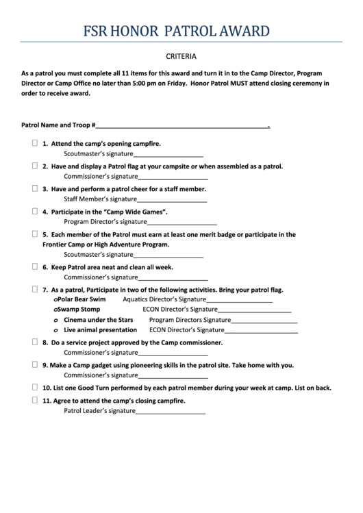 Camp Honor Patrol Award Criteria Form
