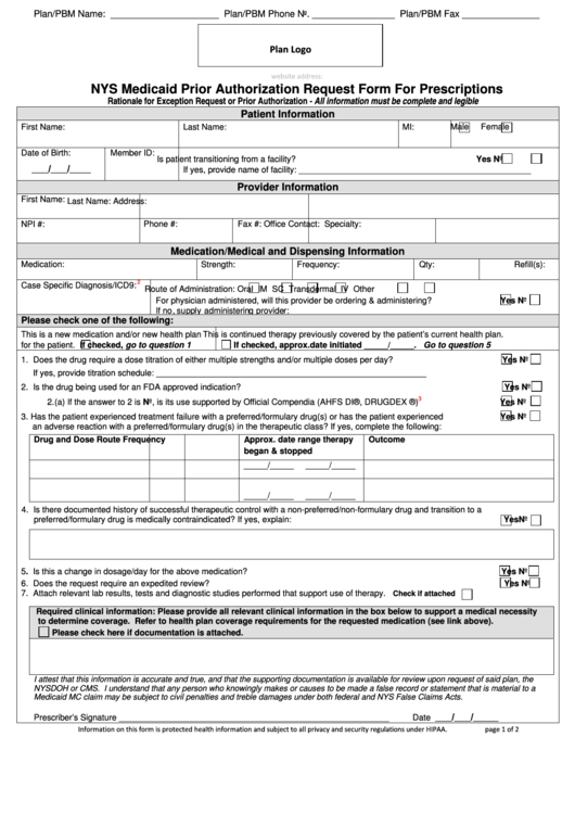 Fillable Nys Medicaid Prior Authorization Request Form For Prescriptions Printable pdf