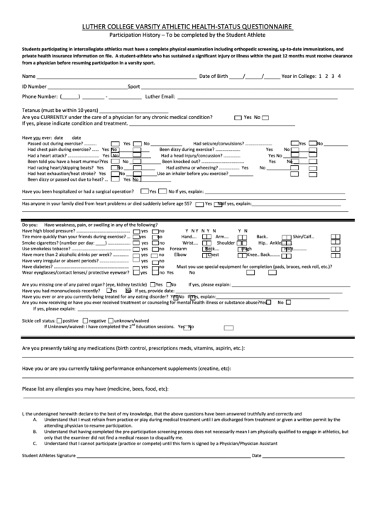 Luther College Varsity Athletic Health-Status Questionnaire Printable pdf