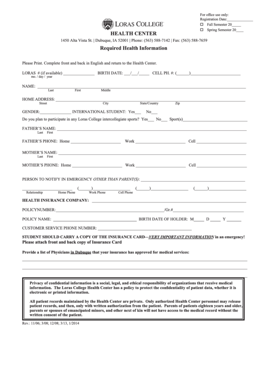 Required Health Information Form Printable pdf