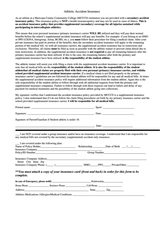 Athletic Accident Insurance - Maricopa County Community College Printable pdf