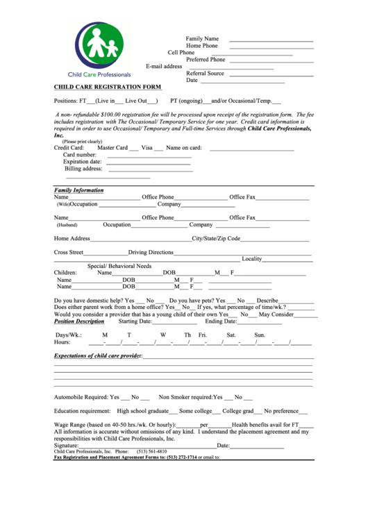 Child Care Registration Form - Child Care Professionals Printable pdf