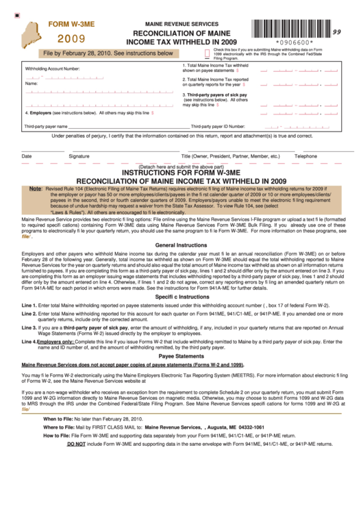 Form W-3me - Reconciliation Of Maine Income Tax Withheld In 2009 Printable pdf
