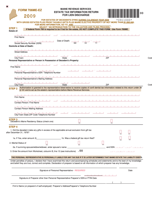 Form 706me-Ez - Estate Tax Information Return For Lien Discharge - 2009 Printable pdf