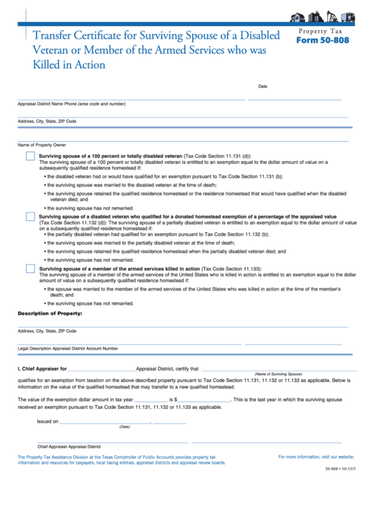 Fillable Form 50-808 - Transfer Certificate For Surviving Spouse Of A Disabled Veteran Or Member Of The Armed Services Who Was Killed In Action Printable pdf