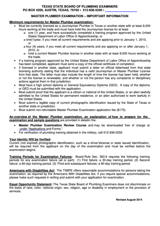 Master Plumber Examination Application - Texas State Board Of Plumbing Examiners Printable pdf