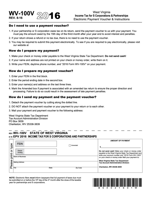 Form Wv-100v - Income Tax For S Corporations & Partnerships Electronic Payment Voucher & Instructions - 2016 Printable pdf