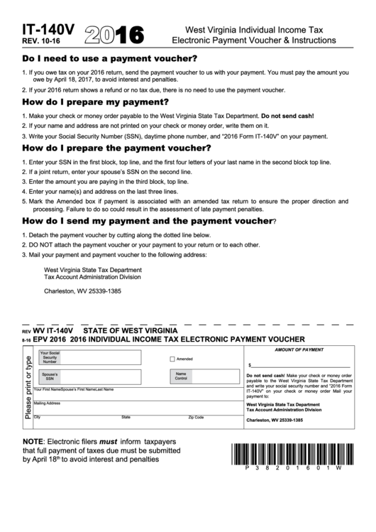 Form Wv It-140v - Individual Income Tax Electronic Payment Voucher - 2016 Printable pdf