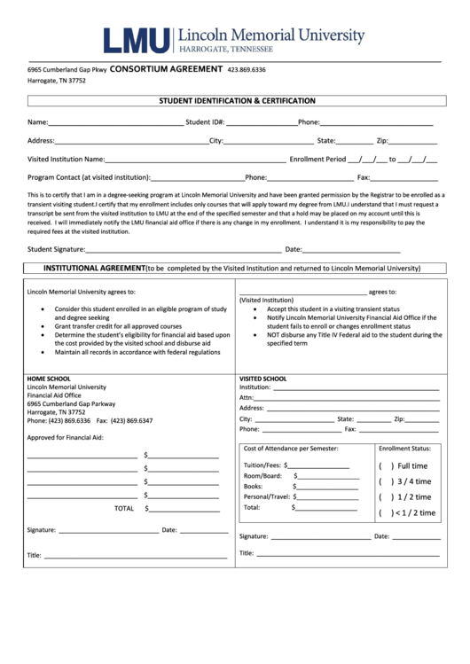 Consortium Agreement - Lincoln Memorial University Printable pdf