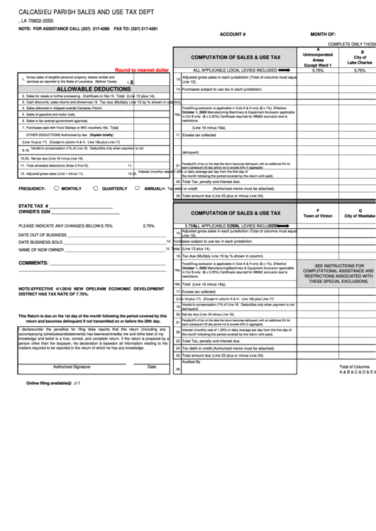Form 042016 - Computation Of Sales & Use Tax Printable pdf