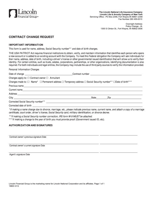 Fillable Contract Change Request - Lincoln Financial Group Printable pdf