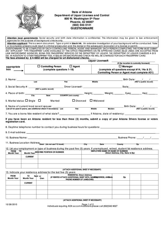 Fillable Questionnaire - Arizona Department Of Liquor Licenses And Control - 2015 Printable pdf