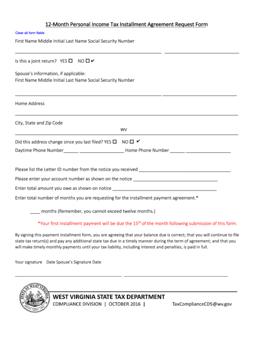 Fillable 12-Month Personal Income Tax Installment Agreement Request Form Printable pdf