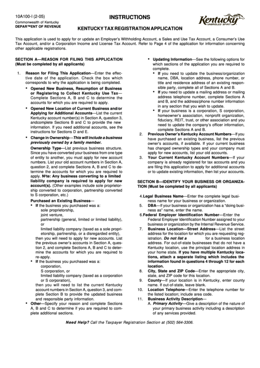 Form 10a100-I - Instructions For Kentucky Tax Registration Application Printable pdf