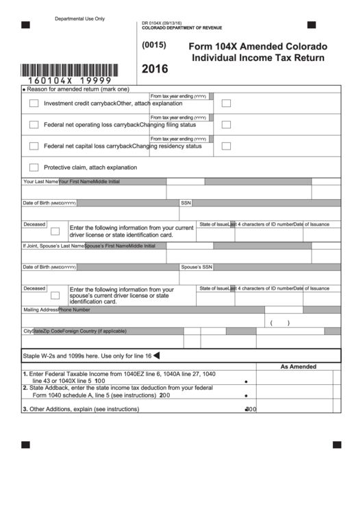 Fillable Form 104x - Amended Colorado Individual Income Tax Return - 2016 Printable pdf