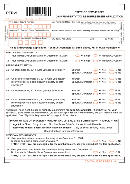 Fillable Form Ptr-1 - Property Tax Reimbursement Application - 2015 Printable pdf