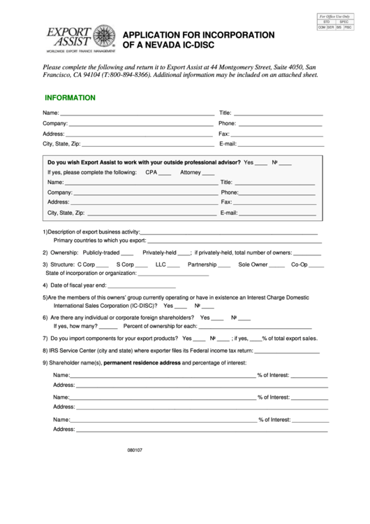 Form 080107 - Application For Incorporation Of A Nevada Ic-Disc Printable pdf