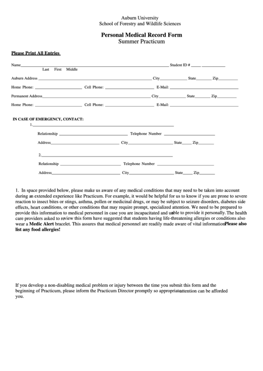 Personal Medical Record Form - Summer Practicum Printable pdf