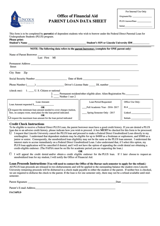 Form Fac16pld - Parent Loan Data Sheet Printable pdf