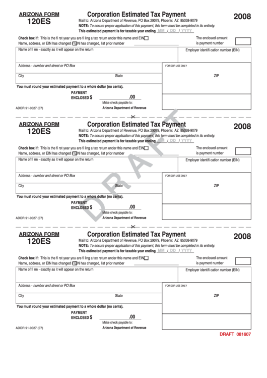 Arizona Form 120es - Corporation Estimated Tax Payment/arizona Form 120w - Estimated Tax Worksheet For Corporations - 2008 Printable pdf