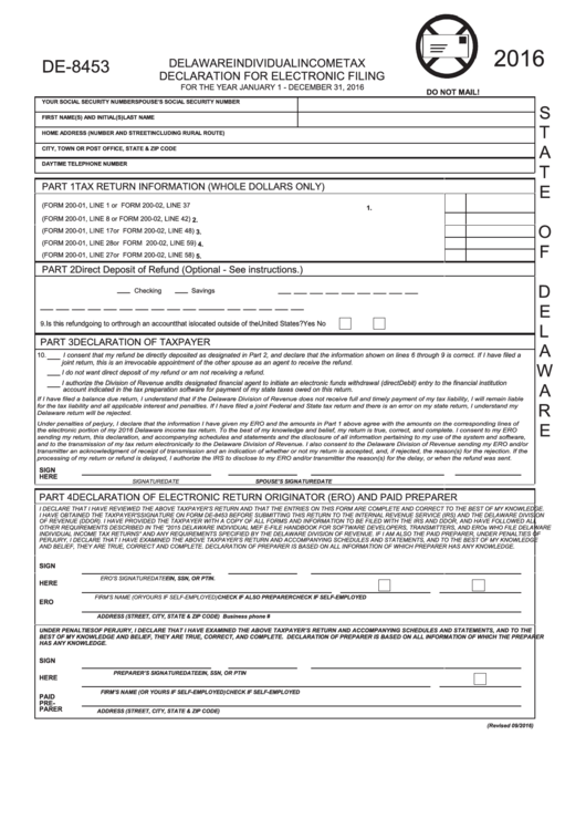 Fillable Form De-8453 - Delaware Individual Income Tax - Declaration For Electronic Filing - 2016 Printable pdf