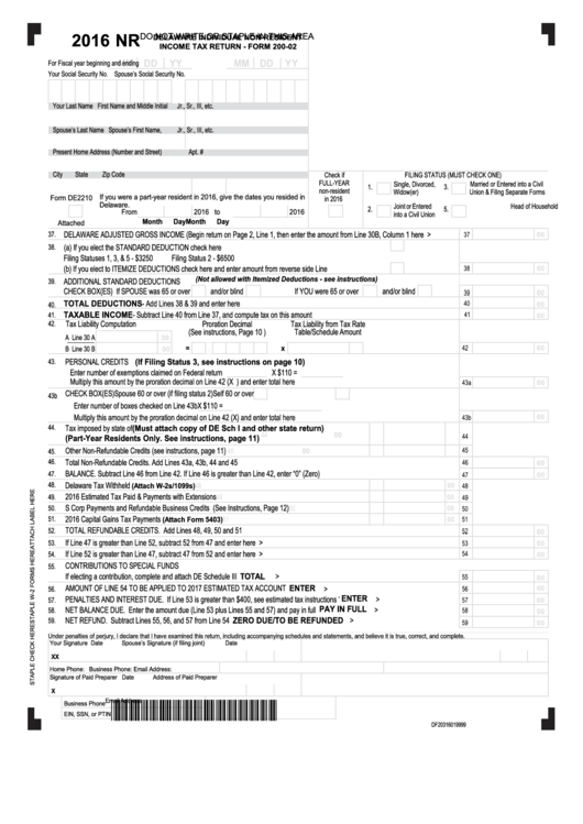 Fillable Form 200-02 - Delaware Individual Non-Resident Income Tax Return - 2016 Printable pdf