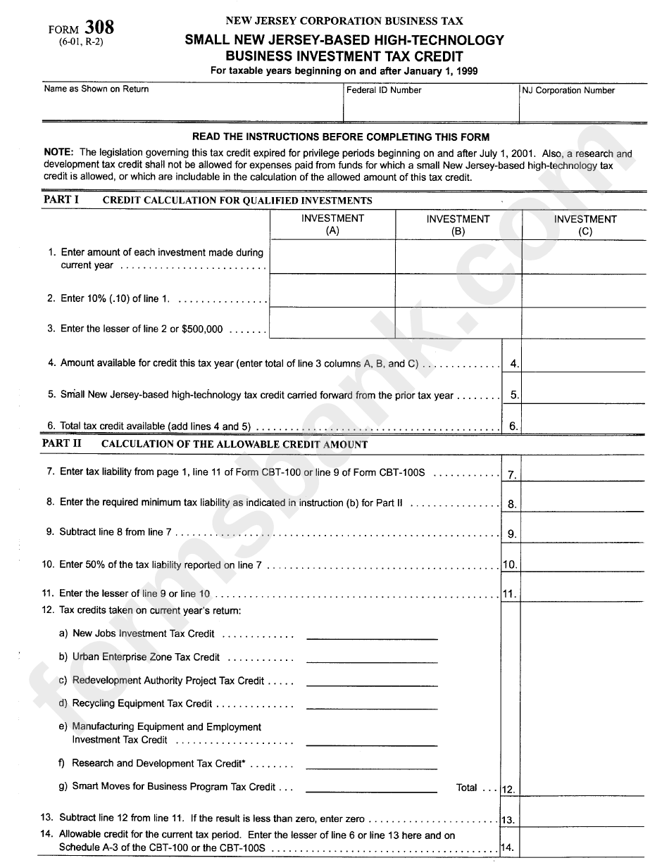 Form 308 - Small New Jersey-Based High-Technology Business Investment Tax Credit - 1999