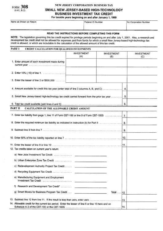 Form 308 - Small New Jersey-Based High-Technology Business Investment Tax Credit - 1999 Printable pdf