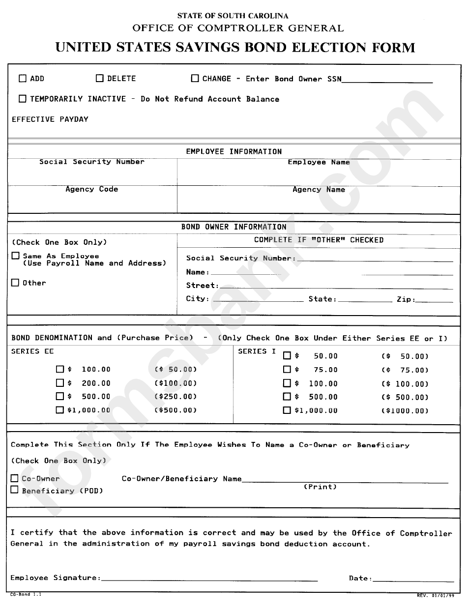United States Savings Bond Election Form - Office Of Comptroller General