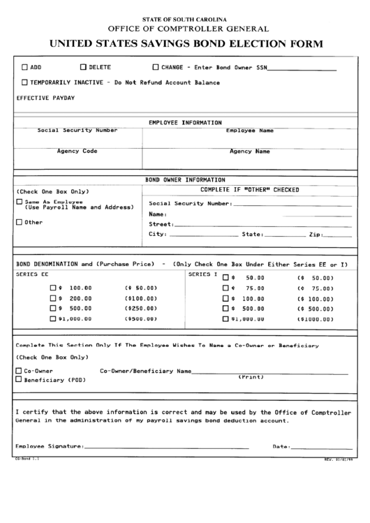 United States Savings Bond Election Form - Office Of Comptroller General Printable pdf
