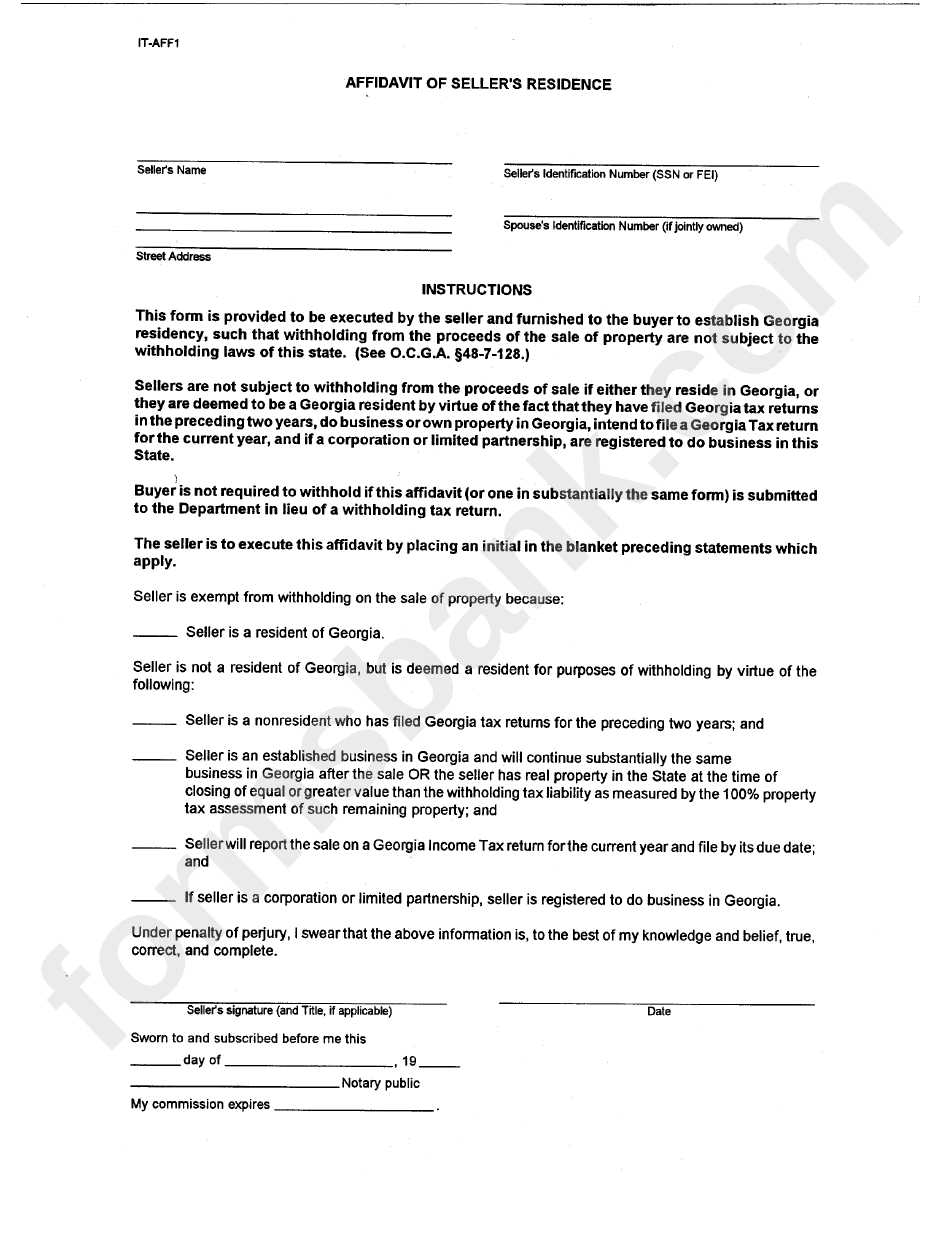 Form It Aff1 Affidavit Of Sellers Residence Printable Pdf Download 6866