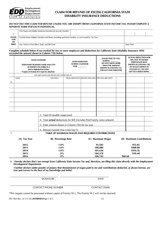 Form De 1964 - Claim For Refund Of Excess California State Disability Insurance Deductions Printable pdf
