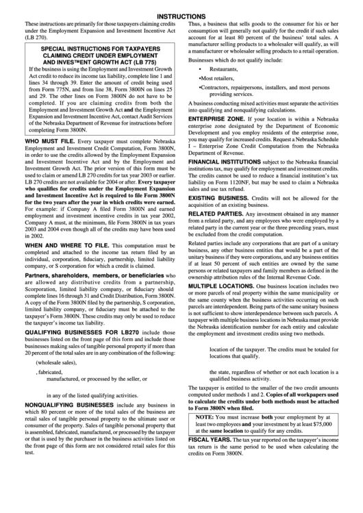 Instructions For Form 3800n - Nebraska Employment And Investment Credit ...