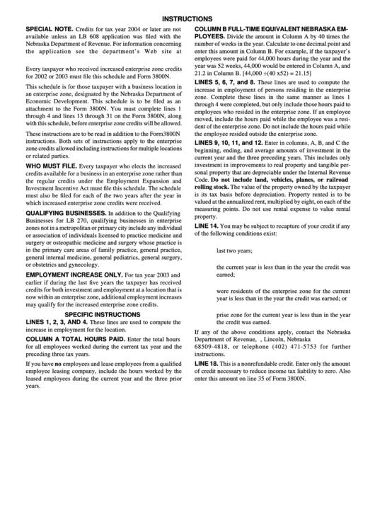 Instruction For Form 3800n - Nebraska Schedule I Enterprise Zone Credit Computation - 2004 Printable pdf
