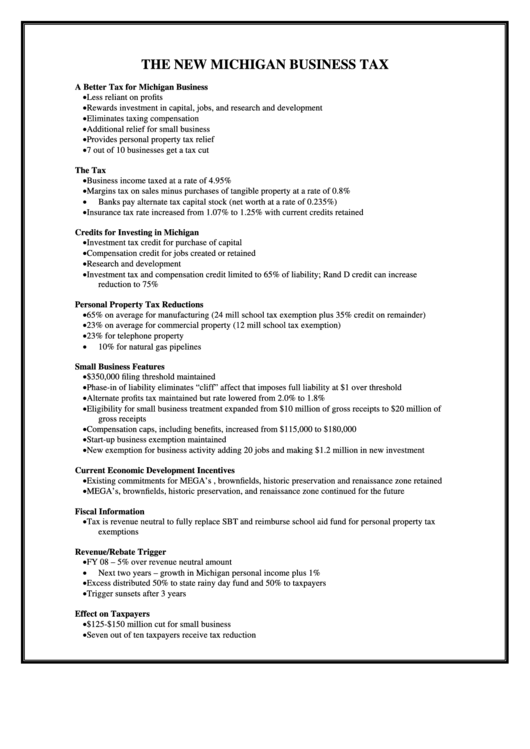 The New Michigan Business Tax Instructions printable pdf download