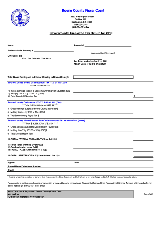 Form 3406 - Governmental Employee Tax Return For 2010 Printable pdf