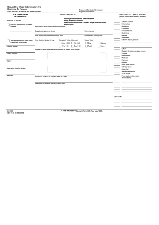 Fillable Standard Form 308 - Request For Wage Determination And Response To Request Printable pdf