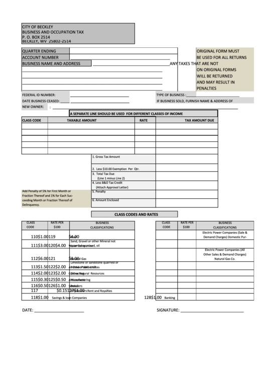 City Of Beckley Business And Occupation Tax Form printable pdf download