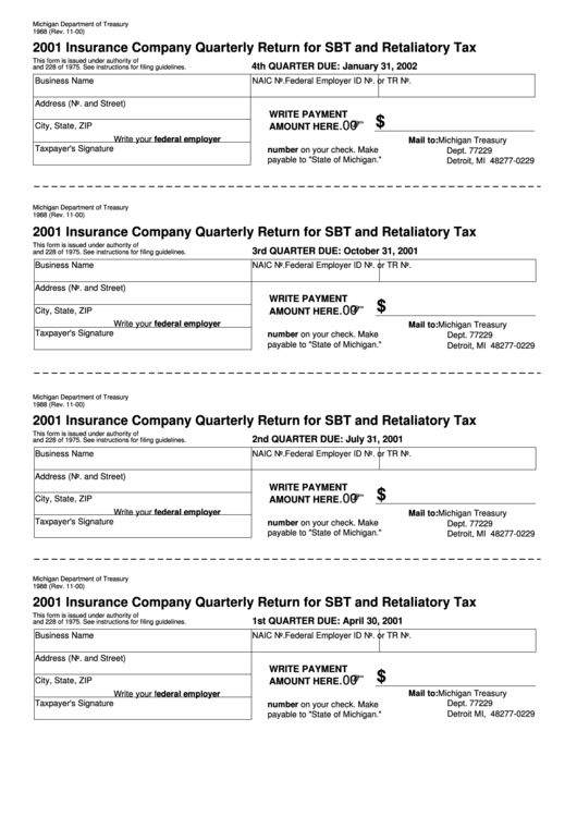 Form 1988 - Insurance Company Quarterly Return For Sbt And Retaliatory Tax - 2001 Printable pdf