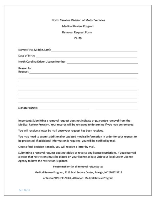 Form Dl-79 - Removal Request Form - Medical Review Program - North Carolina Division Of Motor Vehicles Printable pdf