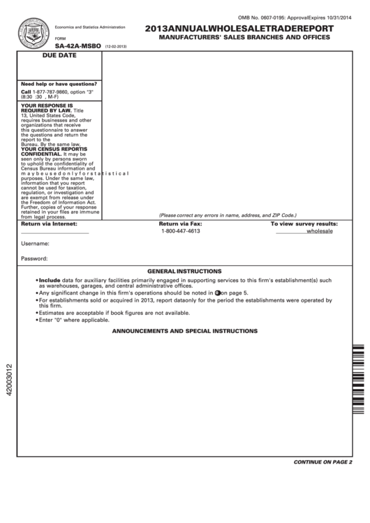 Form Sa-42a-Msbo - 2013 Annual Wholesale Trade Report - U.s. Census Bureau Printable pdf
