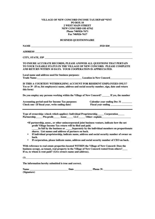 Business Questionnaire Form - Village Of New Concord Income Tax Department Printable pdf