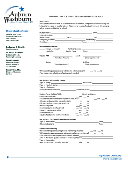 Fillable Information For Diabetes Management At School - Auburn Washburn Unified School Printable pdf