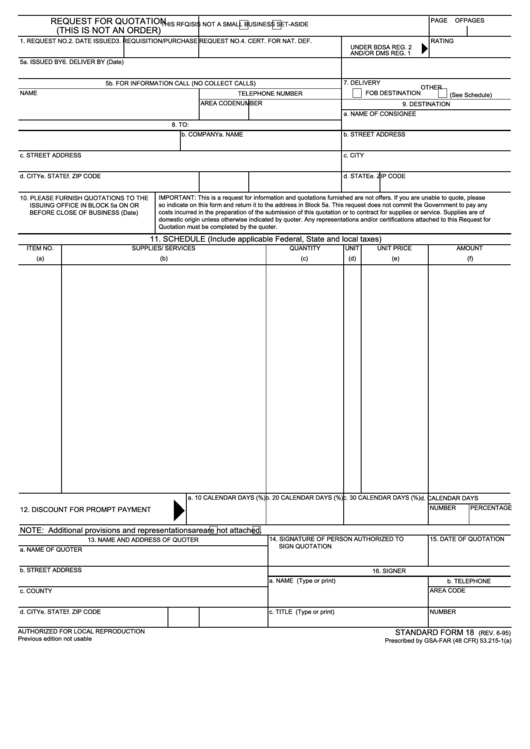 Fillable Standard Form 18 - Request For Quotation (This Is Not An Order) Printable pdf