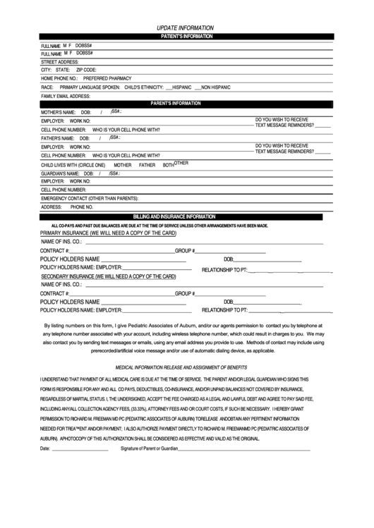 Medical Information Release And Assignment Of Benefits Sheet printable