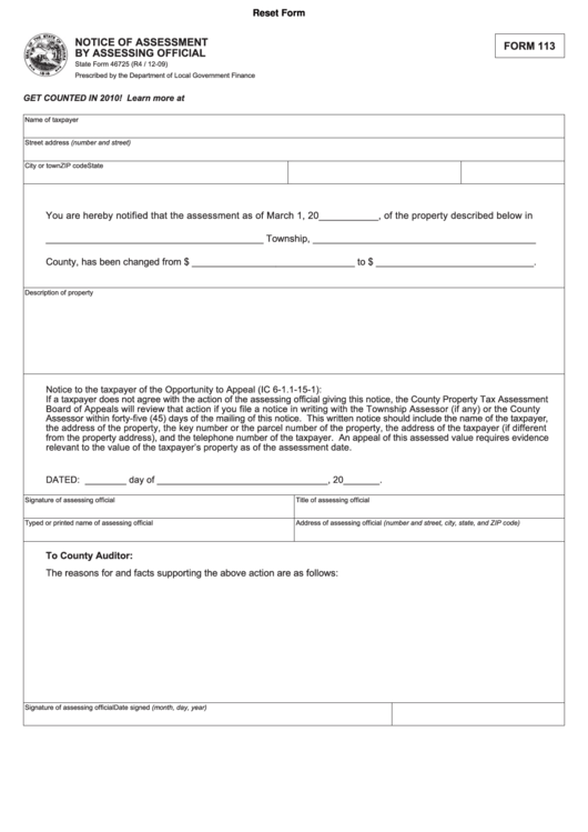 Fillable State Form 46725 - Notice Of Assessment By Assessing Official Printable pdf