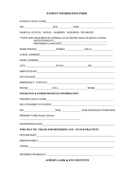 Patient Information Form - Auburn Lasik And Eye Institute Printable pdf