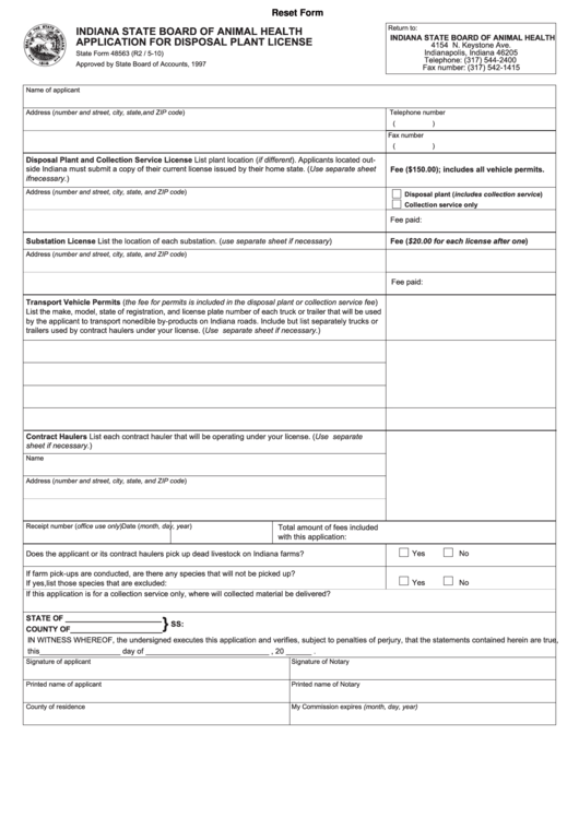 Fillable State Form 48563 - Indiana State Board Of Animal Health Application For Disposal Plant License Printable pdf
