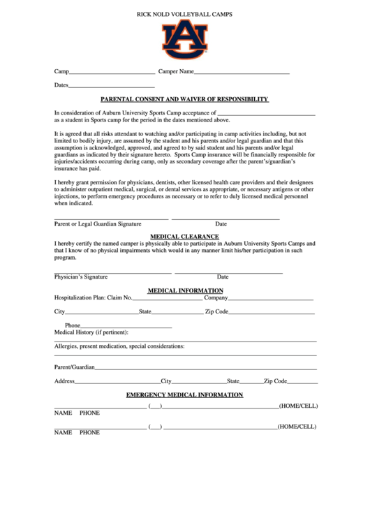 Parental Consent And Waiver Of Responsibility Form Printable pdf