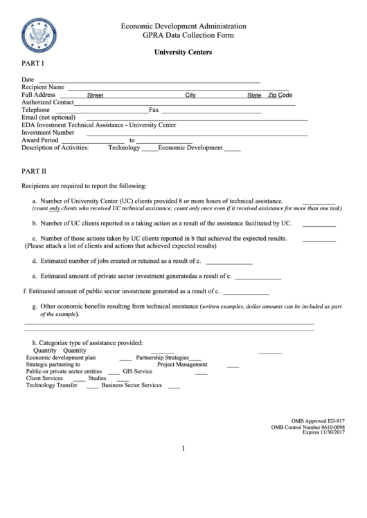 Fillable Gpra Data Collection Form - University Centers - U.s. Department Of Commerce Printable pdf